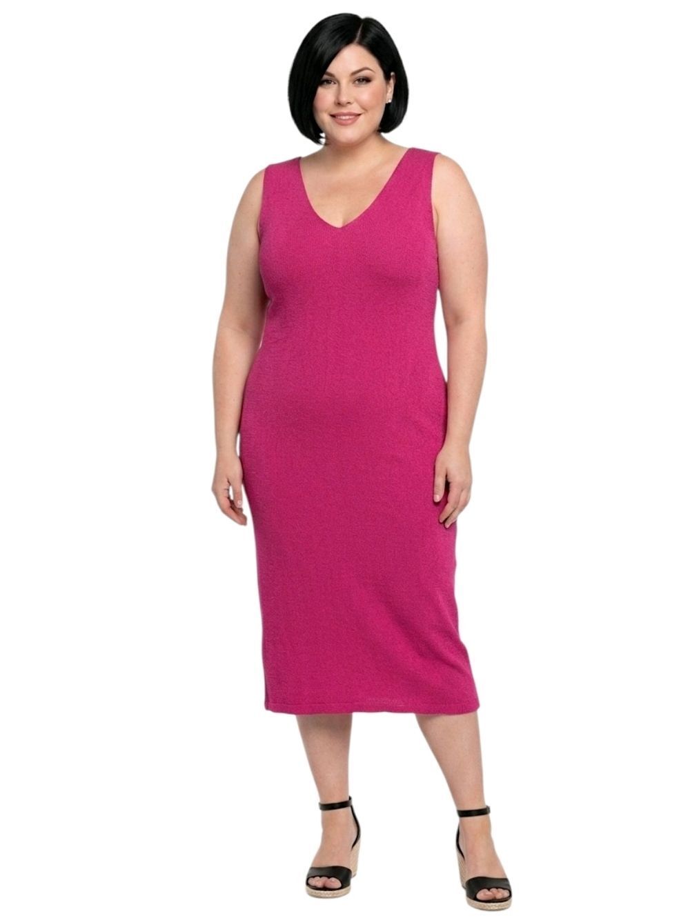 Edited by Remi Bader Magenta V-Neck Midi-Length Slim-Fit Tank Dress Size 2X